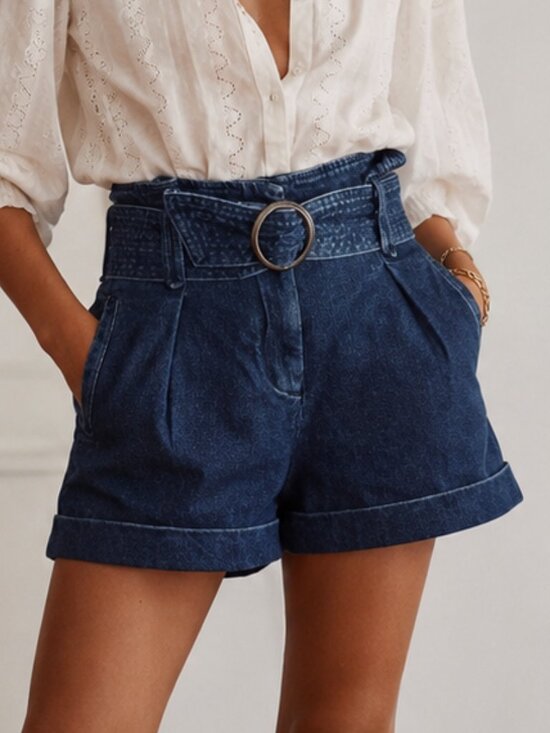 Sezane Pants - Sézane Rome Shorts Deep Blue Denim Paperbag Belted High Waist Size FR 34 / US 2